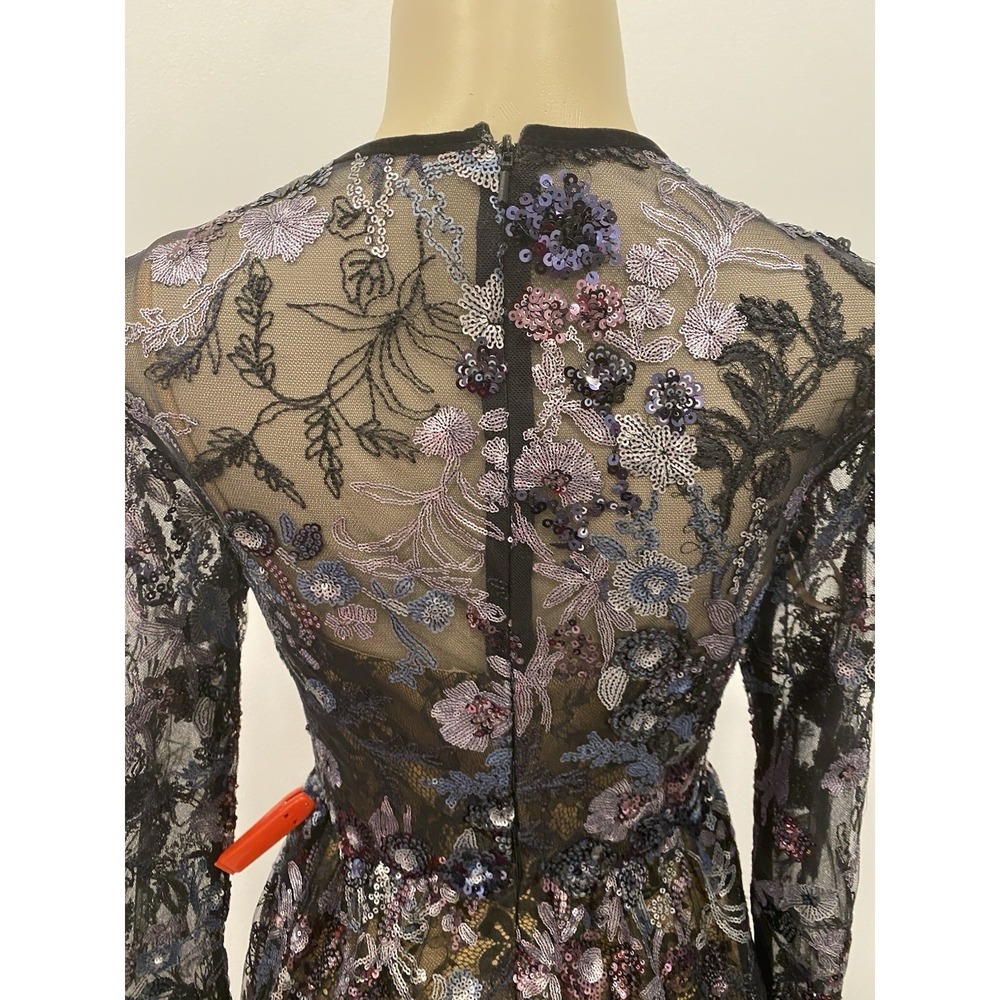 MacDuggal Illusion Floral Long Sleeve Fit Flare Dress Black Beaded Sequin NWT 4 - Picture 4 of 16